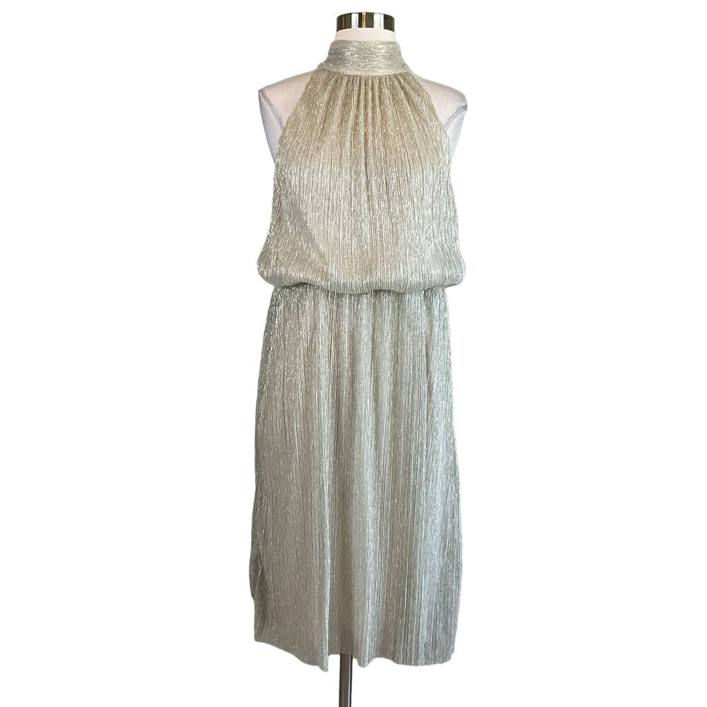 Adrianna Papell Gold Cocktail Dress Metallic Sleeveless A-Line Halter Size 10 - Picture 2 of 10